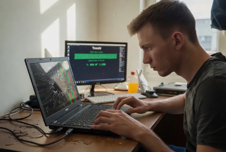 Festplatte aus kaputtem Laptop wird per USB-Adapter zur Datenrettung angeschlossen