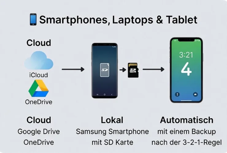 Backup-Strategien mit externen Speichermedien fuer Smartphone, Laptop und Tablet