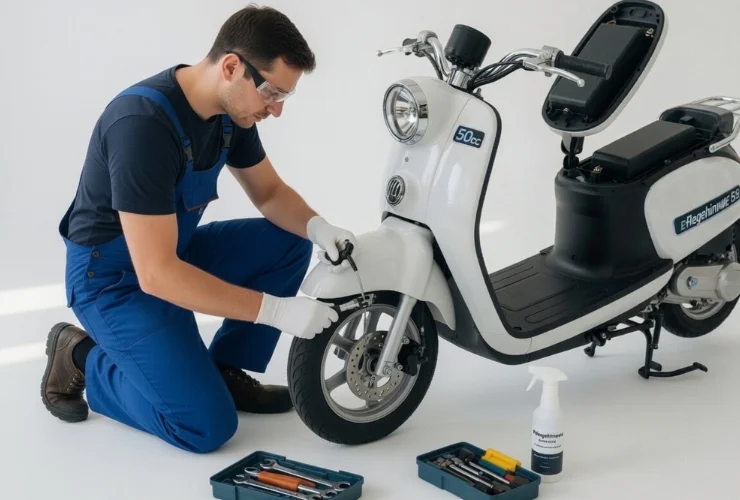 Scheibenbremse an einem E-Roller wird geprüft
