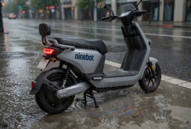 E-Roller steht im Regen auf nasser Straße