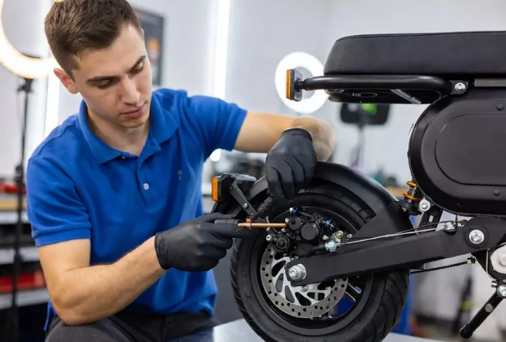 Scheibenbremse eines E-Scooters wird in Werkstatt eingestellt