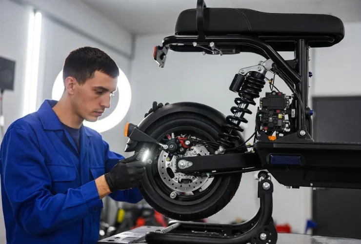 E-Scooter wird in Werkstatt inspiziert und auf Sicherheit geprüft