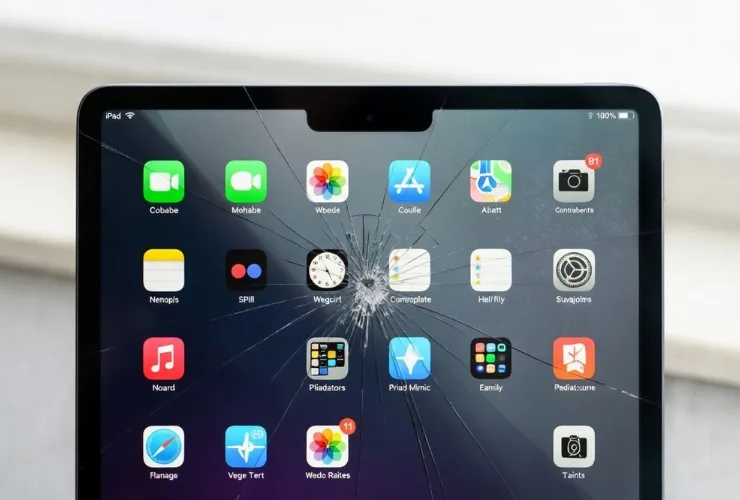 iPad mit gesprungenem Display wird auf dem Werkstatttisch repariert