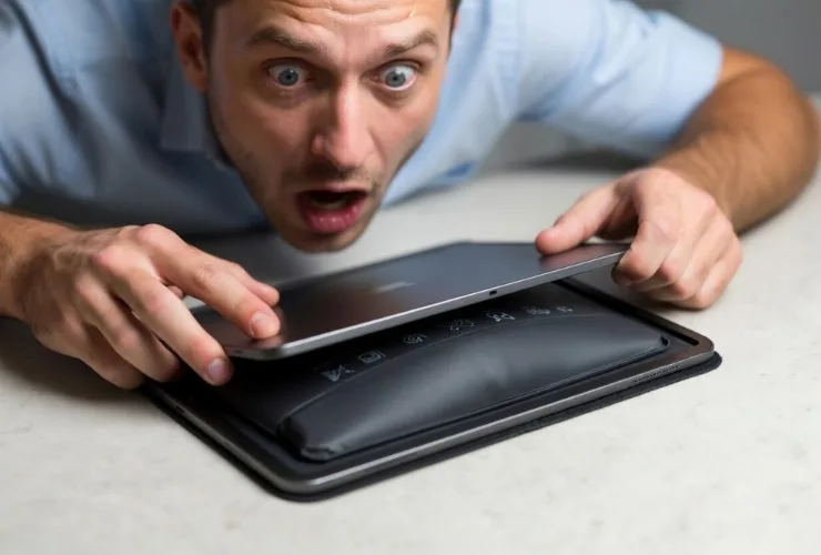 Aufgeblaehter Tablet-Akku mit deutlicher Gehaeusewoelbung als Warnsignal