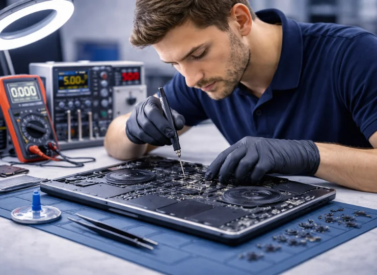 Techniker arbeitet an geöffnetem Laptop-Mainboard mit professionellem Werkzeug