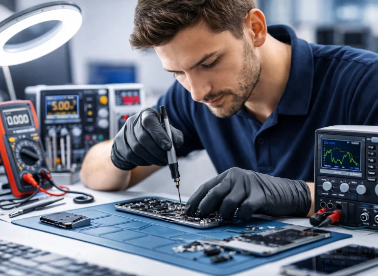 Techniker lötet Smartphone-Platine mit Multimeter und Oszilloskop in der Repairpoint24 Werkstatt